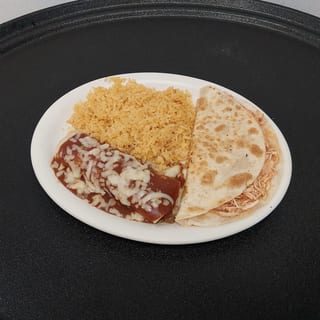 L6. Chicken Quesadilla, Enchilada, Rice and Beans