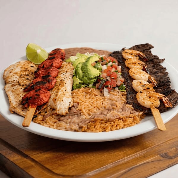 Amigos Mexican Restaurant's grilled chicken, steak, shrimp, rice, beans, avocado, and pico de gallo.