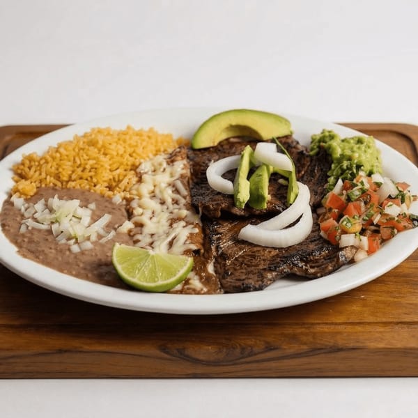 Amigos Mexican Restaurant's carne asada with rice, refried beans, guacamole, pico de gallo, and lime.