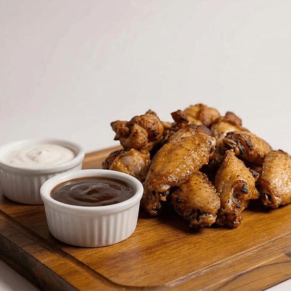 Amigos Mexican Restaurant's chicken wings with two dipping sauces on a wooden board.