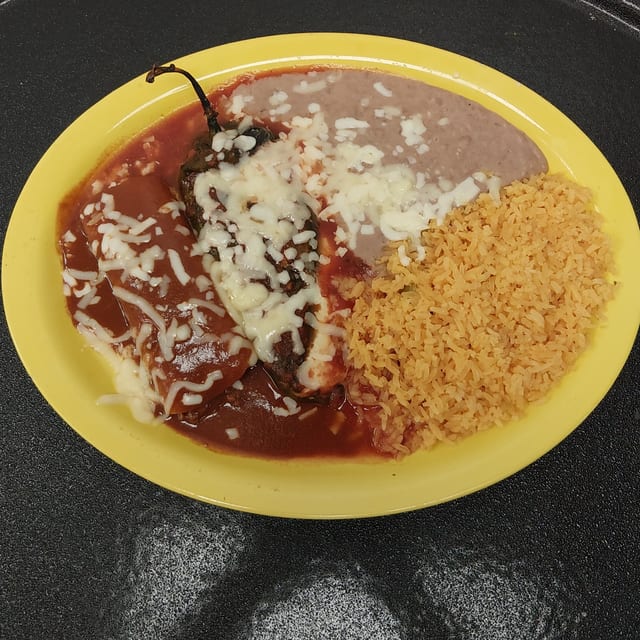 6. Enchilada, Chile Relleno, Rice and Beans.