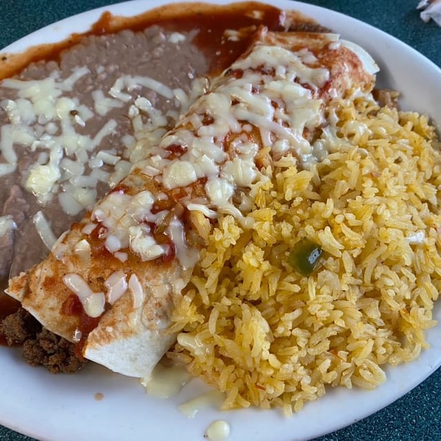 L4. Enchilada, Rice and Beans.