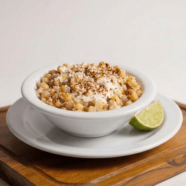 Mexican street corn (Esquites) in a white bowl with a lime wedge on a wooden board.