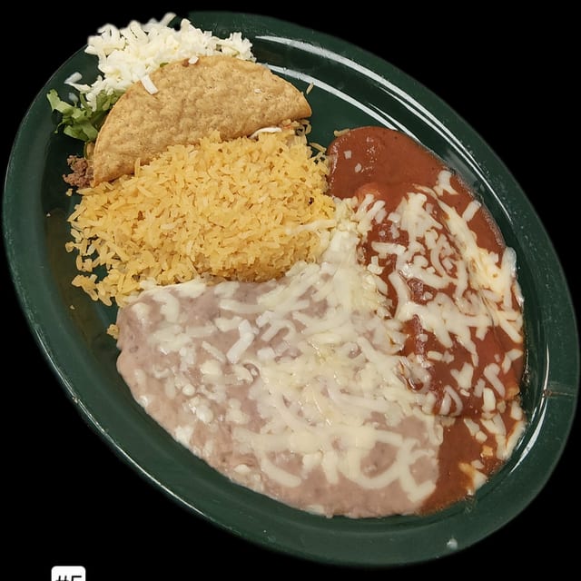 5. Enchilada, Taco, Rice and Refried Beans.