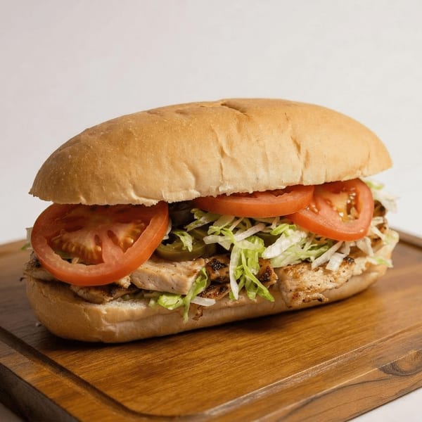 Amigos Mexican Restaurant's grilled chicken sandwich with lettuce, tomatoes, and jalapeños on a wooden board.