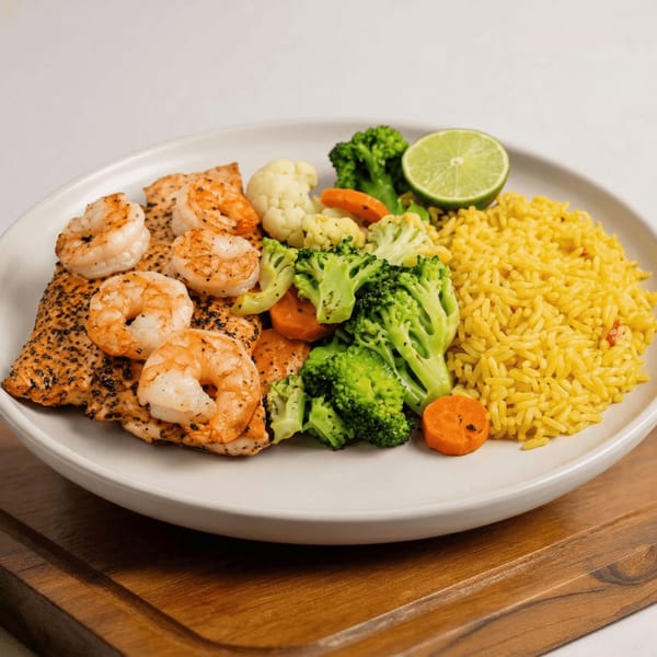 Amigos Mexican Restaurant's grilled shrimp and chicken with yellow rice, broccoli, cauliflower, carrots, and lime.